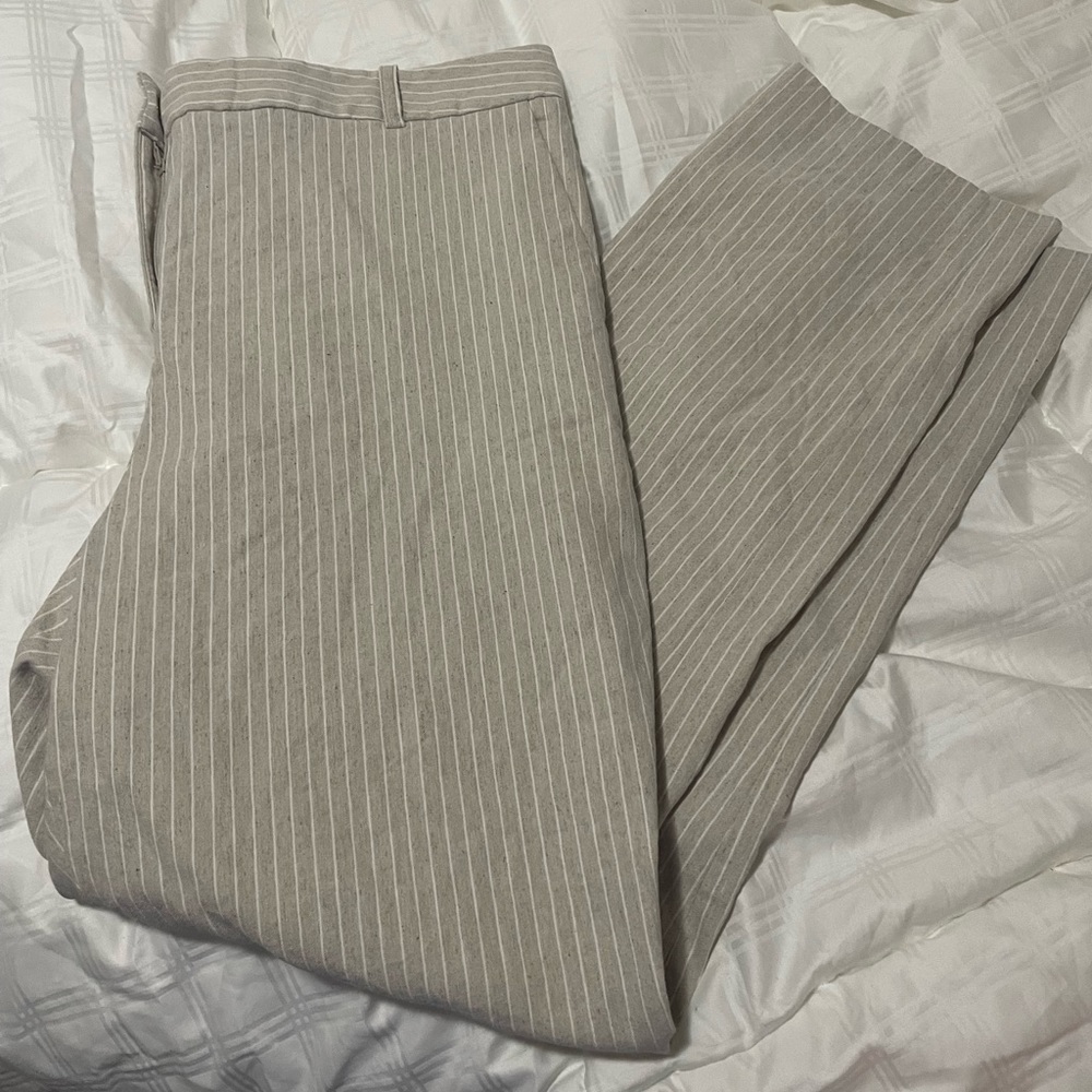 Alex Marie Khaki Ivory Linen Blend Pinstripe Pants / work pants| women’s size 16